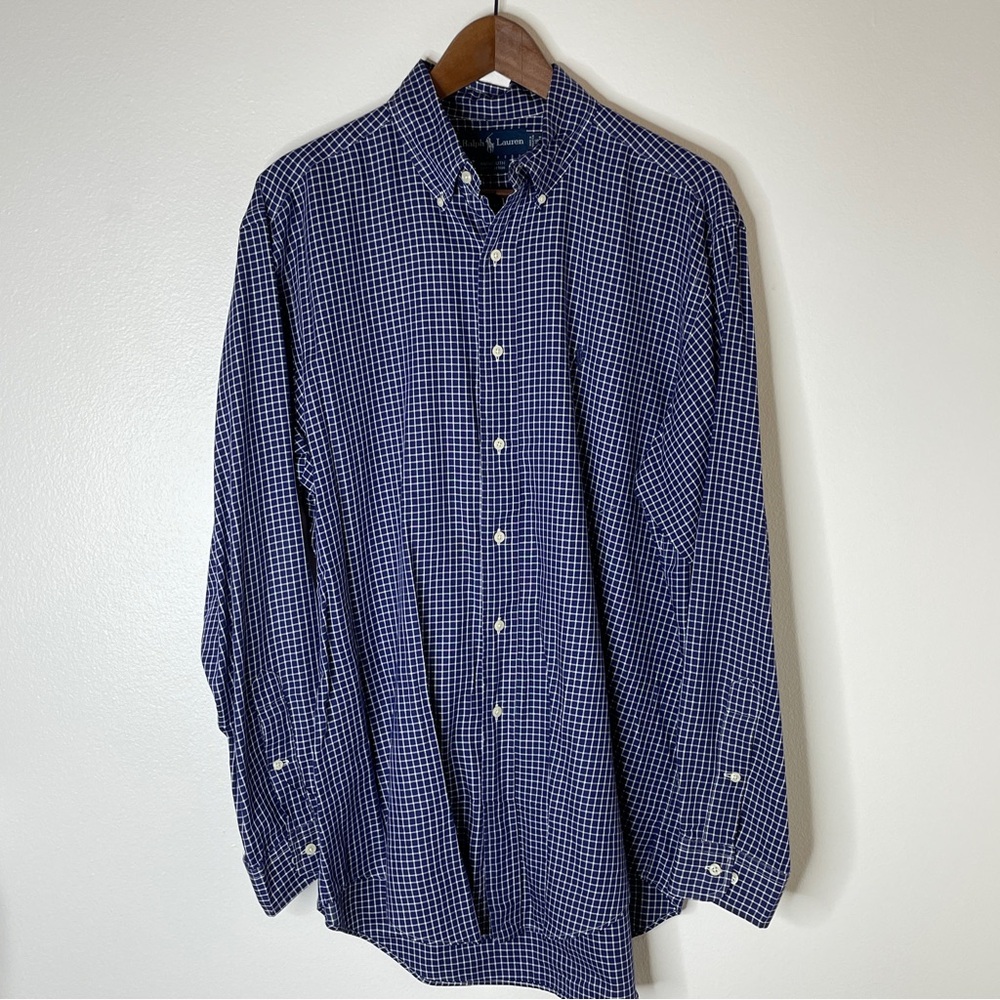 Ralph Lauren Plaid Button Down Shirt Size XL Blue 100% Cotton Work Office
